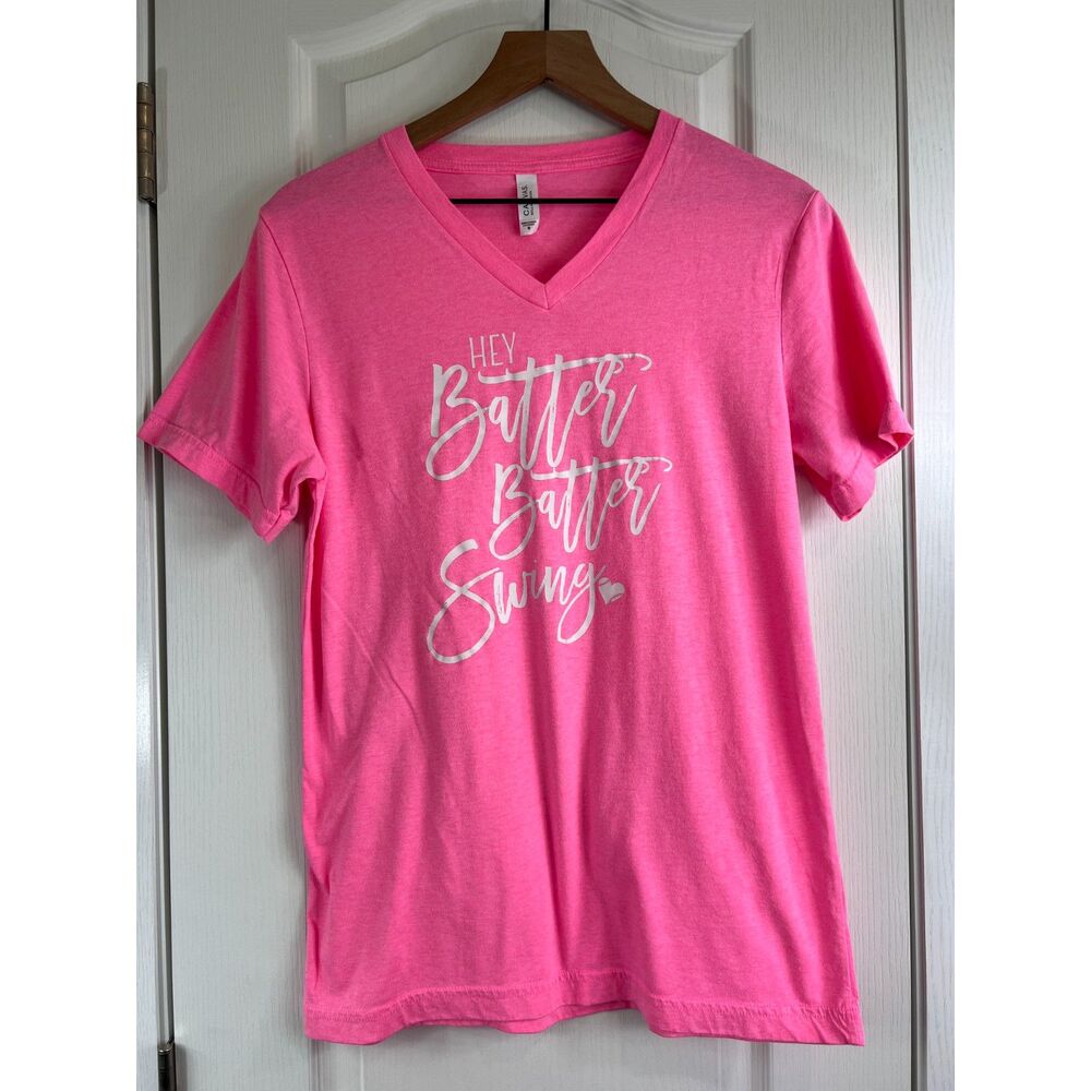 Hey Batter Batter Swing V-Neck Short Sleeve T Shirt Pink White Women's M